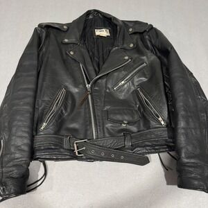 Park V Leather Biker Jacket Mens 48 Black Vintage Made in USA Moto Belted Zip